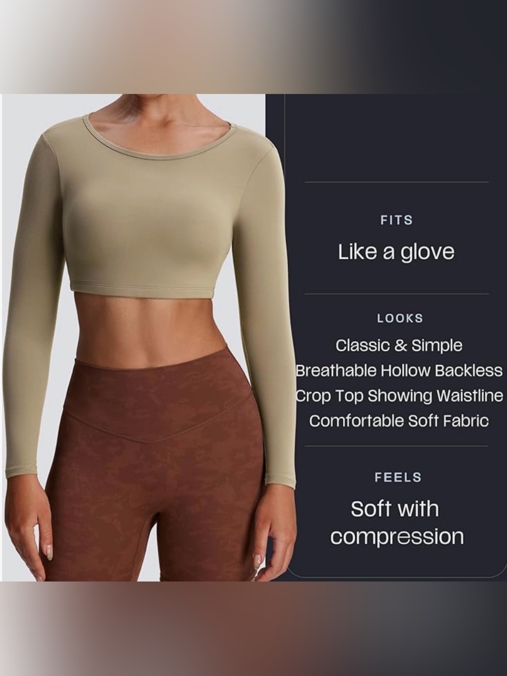 NWOT Long Sleeve Crop Yoga Athletic Sexy Top in Olive - Performance Fit - Large
